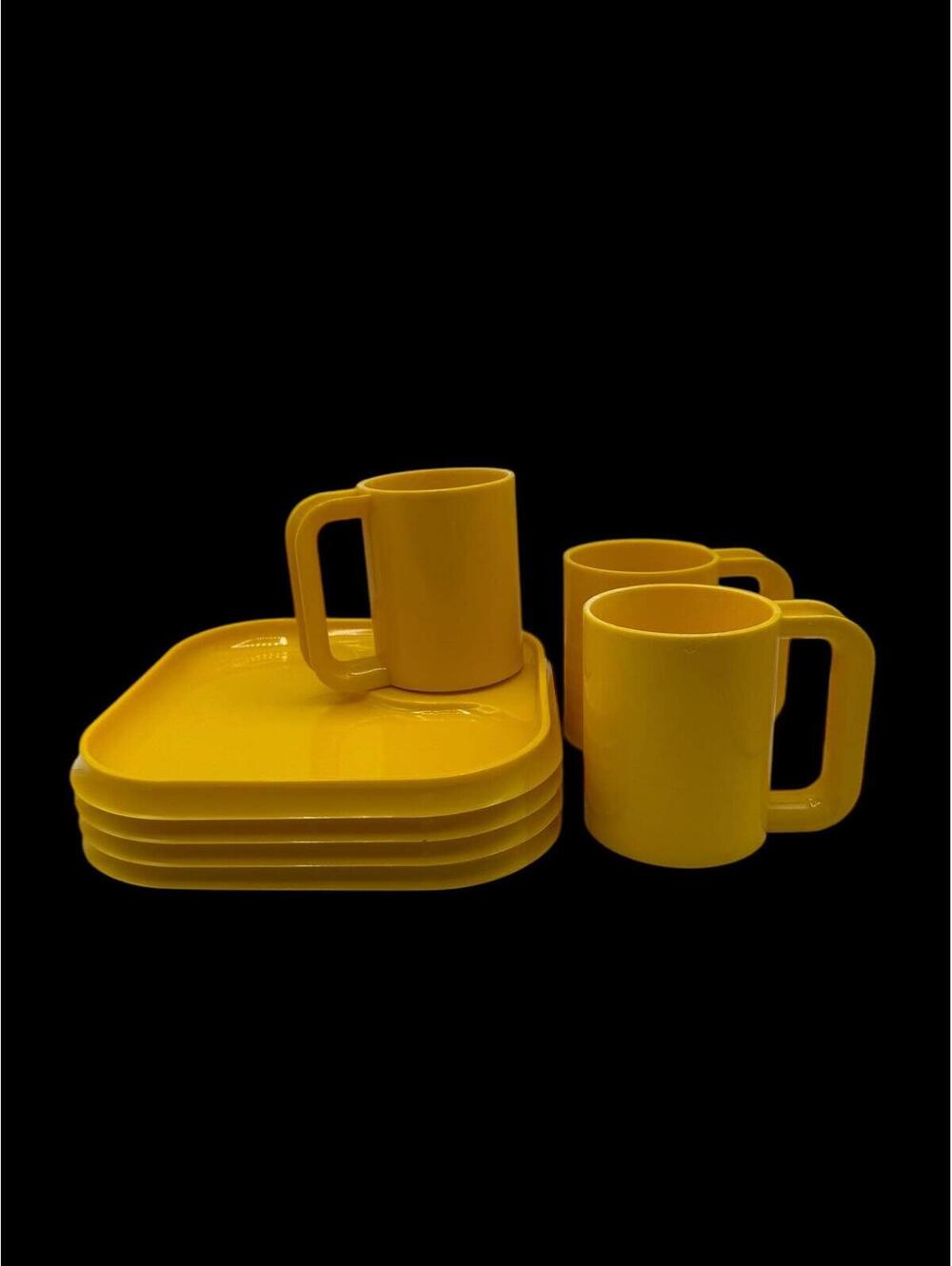 Vintage Ingrid Chicago Melamine Dish Set: Yellow Square Plates & Mugs